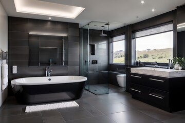 Modern Luxury Bathroom with Black Tile, Freestanding Tub, and Large Windows with Scenic View