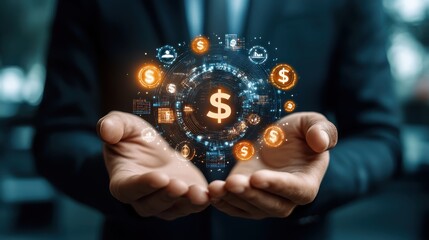 A businessman showcasing digital currency symbols in his hands, symbolizing investment.