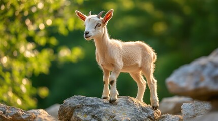 A White Goat Kid Standing on a Rock in a Sunny Meadow