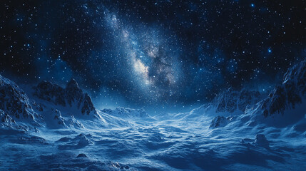 mesmerizing night scene in Norway under a clear, star-studded sky with the Milky Way stretching across the horizon. Snow-covered mountains and serene water add depth to the tranquil, breathtaking land