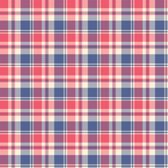 A classic plaid or tartan pattern with red, blue, and beige intersecting lines creates a grid-like design. The design has a balanced, uniform arrangement with alternating square sections.