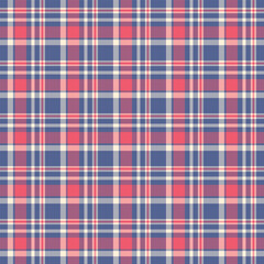 A classic plaid or tartan pattern with red, blue, and beige intersecting lines creates a grid-like design. The design has a balanced, uniform arrangement with alternating square sections.