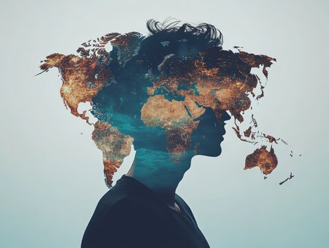 A creative depiction of human consciousness with a world map silhouette.