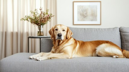 A relaxed golden retriever lounging on a stylish sofa indoors.