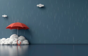 Rain, umbrella, clouds, weather, red umbrella in the rain A vibrant red umbrella stands against a dark blue backdrop, surrounded by fluffy clouds and falling raindrops