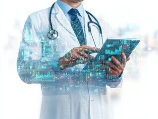 A doctor analyzing data on a tablet with digital elements overlay.