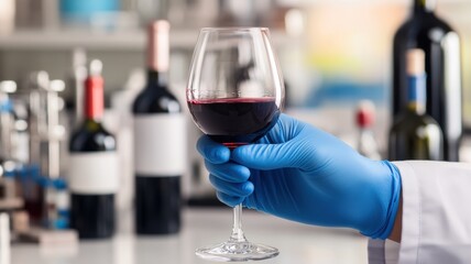 A scientist in a lab examining red wine in a glass.