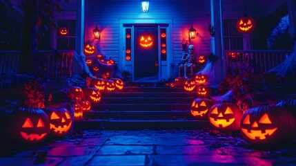Ghostly Glowing Jack-o'-Lanterns Illuminate Haunted Porch for Halloween Celebration with Skeleton Decoration Creating Spooky Atmosphere