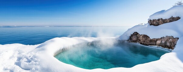 A serene hot spring surrounded by snow and a tranquil lake.