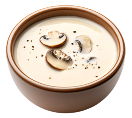 Creamy mushroom soup in a bowl, garnished with mushroom slices and black pepper.