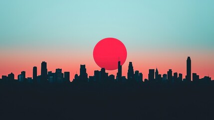 Red Sun Over City Skyline   Urban Landscape  Minimalist Design