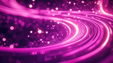 Bright pink neon ovals and circles creating a swirling light effect with luminous glitter and shimmering trails Curved purple lines with a blurred spiral and bokeh effect in a 2D cartoon style