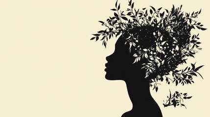 Silhouette of a woman with a botanical inspired hairstyle for design purposes
