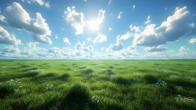 A serene landscape showcasing lush green grass under a bright blue sky with fluffy clouds, perfect for nature themes.
