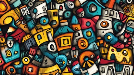 Fototapeta premium Hand drawn 2D cartoon illustrations featuring various shapes including houses balls and whimsical doodles