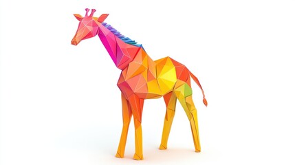 Obraz premium 2D cartoon illustration of an origami giraffe featuring vibrant colors and intricate paper folding design isolated on a white background