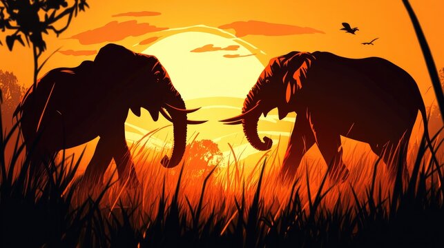 Male elephants engage in a battle for mating rights in this 2D cartoon silhouette illustration showcasing their alertness to potential threats in the wild