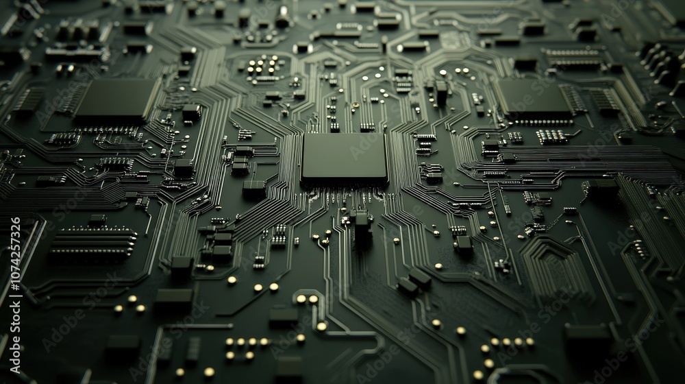 Aufkleber Close-up View of a Complex Printed Circuit Board with Intricate Connections and Microchips in a Dark Setting, Ideal for Technology and Engineering Themes