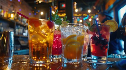 A table filled with delicious and colorful nonalcoholic drinks ready to be enjoyed at a Dry January kickoff event at a local bar.