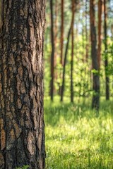 Obraz premium Close-up of a tree trunk in a forest with a blurred background of trees and green grass.