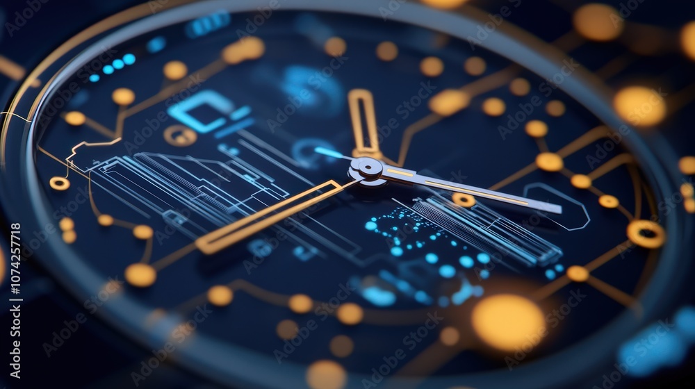 Poster Close-up View of a Modern Digital Watch Face Featuring Futuristic Design Elements and Illuminated Dials with Technology-Inspired Graphics in Dark Background