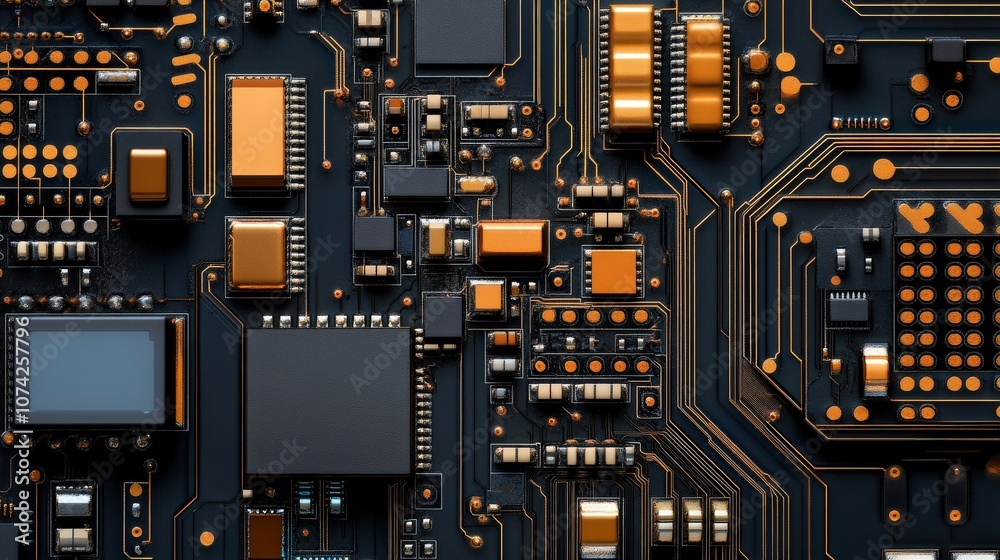 Poster Close-up View of a High-Tech Circuit Board with Orange and Black Components, Ideal for Technology and Computer Graphics Illustrations or Backgrounds