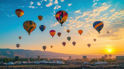 Colorful Hot Air Balloons Soaring Over a Crowd at Sunrise