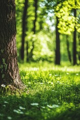 Lush green forest floor with a large tree trunk and a soft focus background of trees.