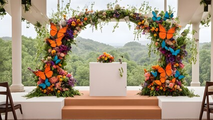 A nature inspired podium with organic shapes surrounded by colorful butterflies and vibrant floral, Ai Generated 
