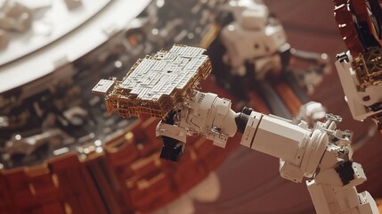 Space vehicle assembly in a high-tech facility. Engineers and technicians collaborate on constructing and testing advanced spacecraft components, showcasing innovation and precision in aerospace engin