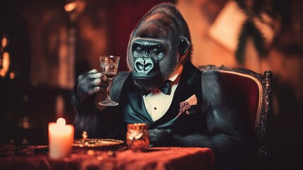 Fototapeta premium A sophisticated gorilla enjoying a lavish dinner setting.