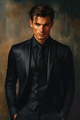 Fototapeta premium Illustration depicting a dark smart handsome man in a black suit 