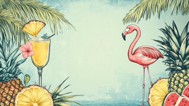Vintage summer menu design featuring a flamingo pineapple and a pina colada cocktail in a colorful 2D cartoon style