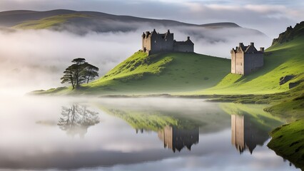  Scotland a misty morning in the Scottish highlands with rolling green hills a lone castle, Ai Generated