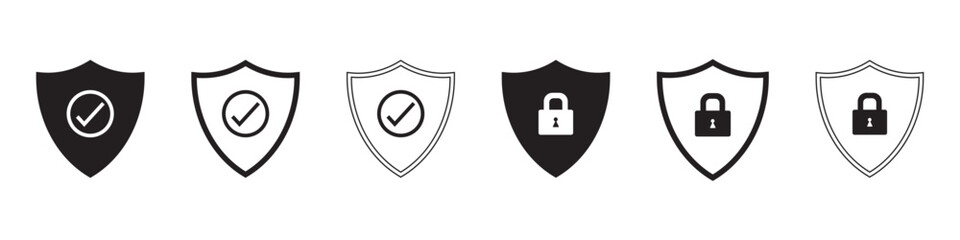 Set of security shield icons, security shield logotypes with check mark and padlock. Security shield symbols. Vector illustration.