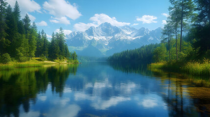 Mountain Lake Landscape with Blue Sky and Trees