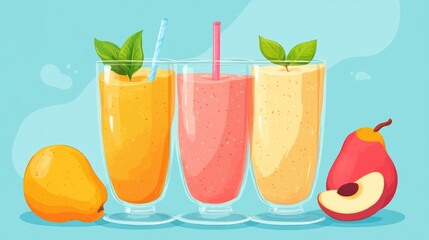 Peach and pear smoothie recipe Menu item for a cafe with a vibrant fresh drink in flat style Promotes a healthy lifestyle Organic raw shake 2D cartoon illustration