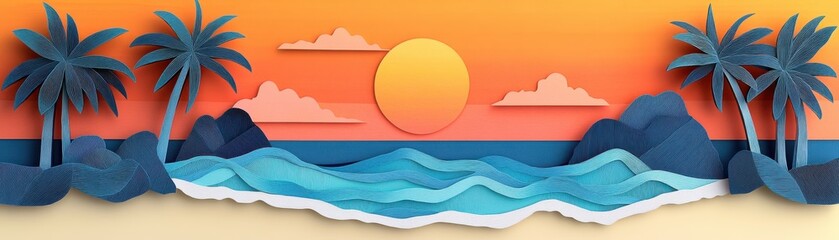 A vibrant sunset over the ocean with palm trees and waves.