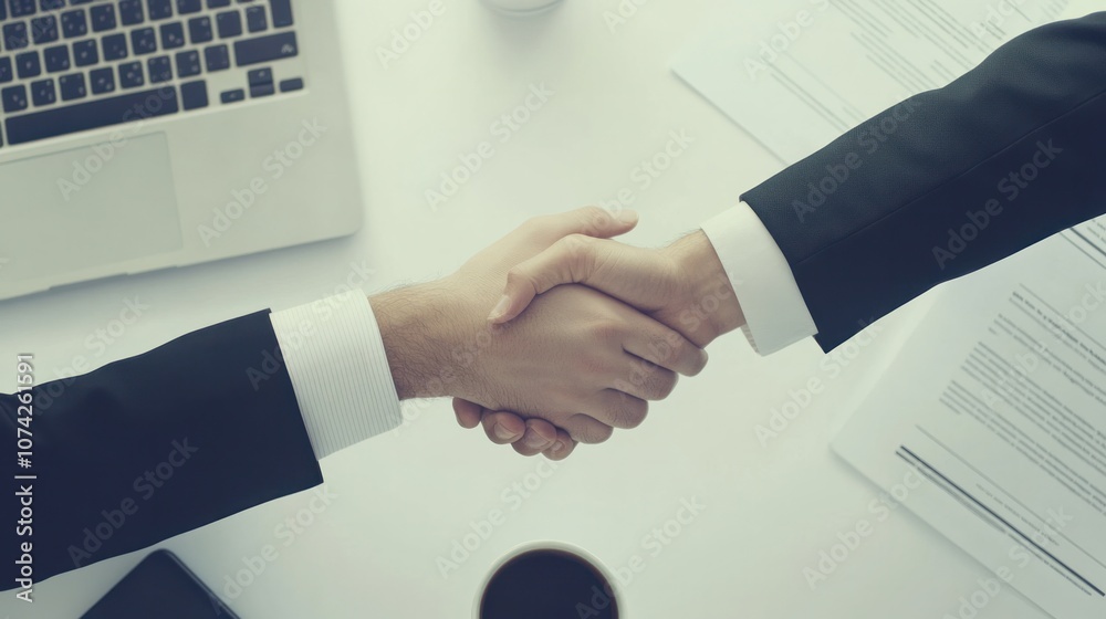 Wall mural An overhead view of a complex handshake involving multiple individuals, each dressed in business attire, against a blurred office background.