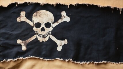 A weathered pirate flag featuring a skull and crossbones design.
