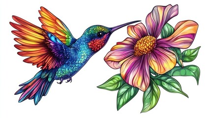 Obraz premium Colorful tropical hummingbird with a flower on a white background 2D cartoon illustration depicting a vibrant paradise bird hovering over a blooming flower