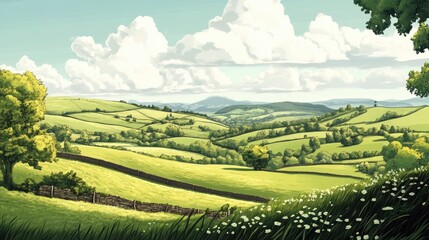 Fototapeta premium Countryside landscape featuring rolling hills and green pastures in a cartoon sketch style Vibrant rural scenery captured in a 2D illustration