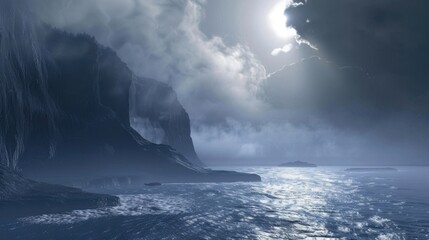 Naklejka premium A mystical almost otherworldly atmosphere is created by the dreamy soft mist that hangs above the ocean giving the illusion of a floating realm.