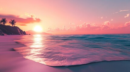 Obraz premium Serene beach landscape featuring a tranquil sunset over the horizon