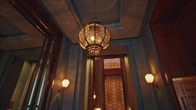 Panoramic view of the interior design of a luxury resort. Minimalistic high-end furniture. Sophistication and elegance. Cozy and refine atmosphere.