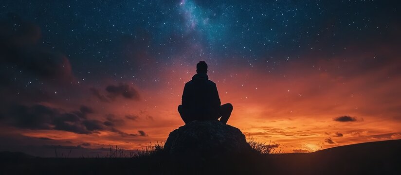 A lone figure silhouetted against a vibrant sunset sky, gazing up at a star-filled night sky.