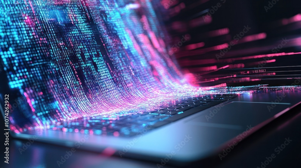 Poster futuristic 3d representation of software codes flowing from a laptop screen in a digital stream with
