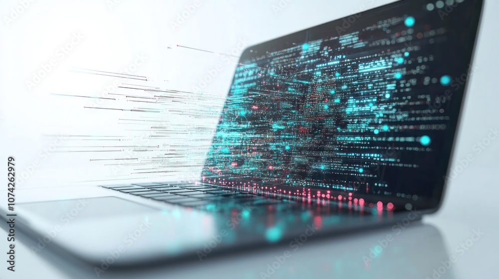 Poster futuristic 3d representation of software codes flowing from a laptop screen in a digital stream with