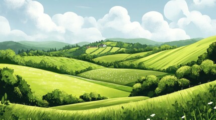 Fototapeta premium Countryside landscape featuring rolling hills and green pastures in a cartoon sketch style Vibrant rural scenery captured in a 2D illustration
