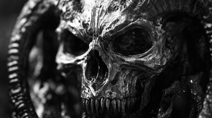 Fototapeta premium Devil skull artwork featuring a dark metal inspired design in black and white tones